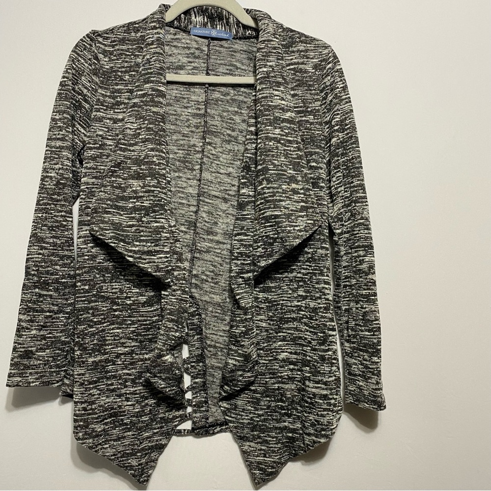 Signature Weekend Cardigan S/P White Black Heathered Open Front Criss Cross Back